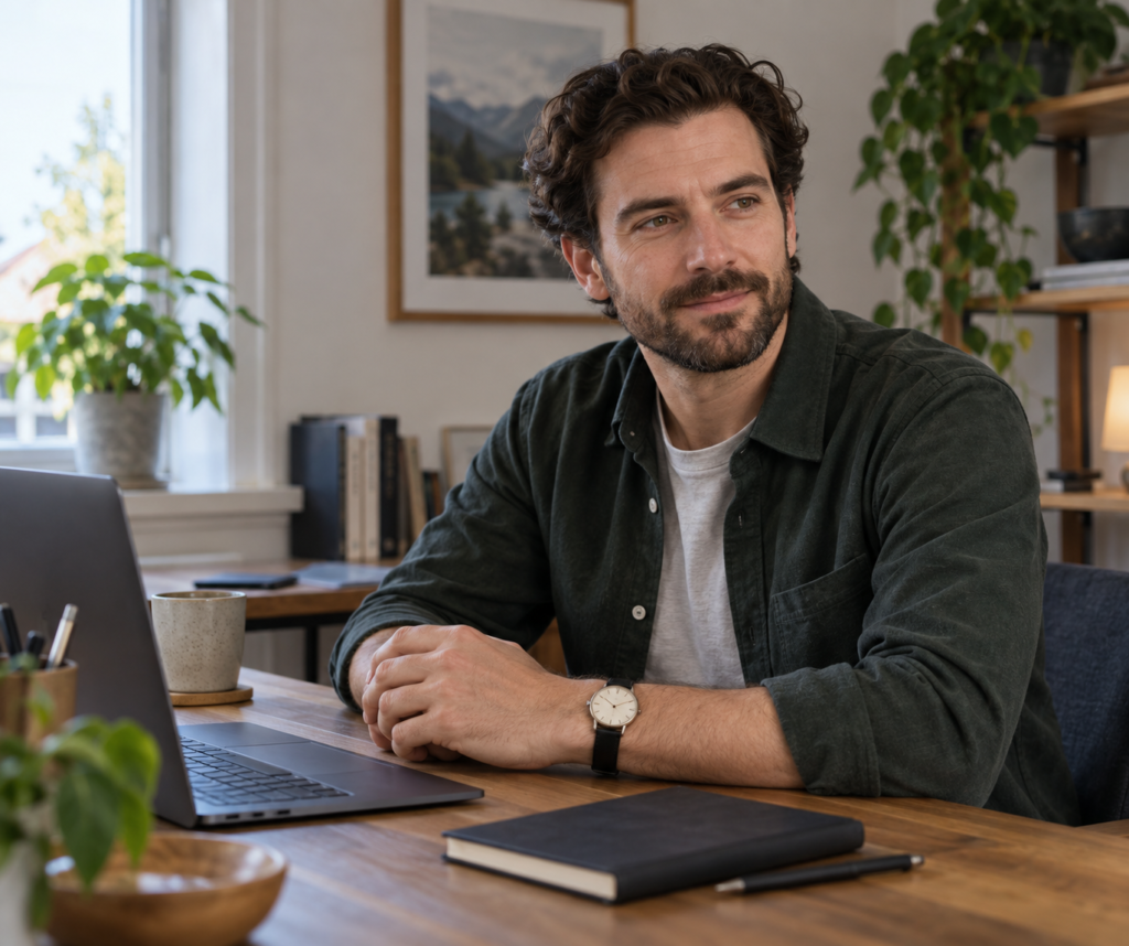 A man wearing a wristwatch beside a notebook at a home desk.