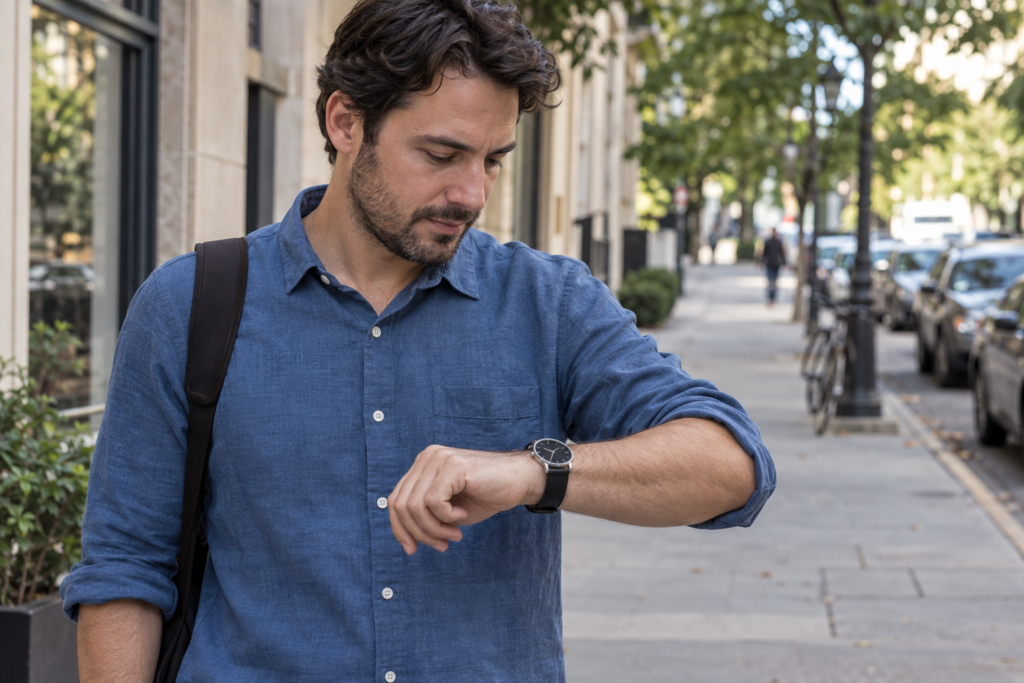 A man in a blue shirt glancing at his wristwatch on a city sidewalk.