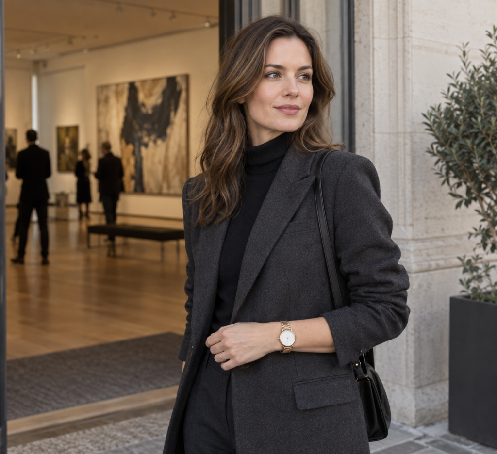 A woman wearing a warm-tone wristwatch with a charcoal jacket outside a gallery.